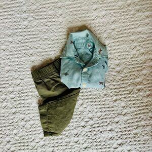 Carter's Outfit Set of Olive Green Baby Pants & Airplane Embroidered Button Down